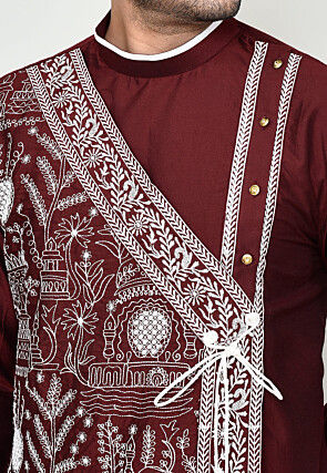 Embroidered Viscose Silk Dhoti Kurta in Maroon