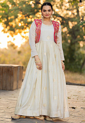Embroidered Viscose Silk Gown in Off White