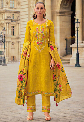 Embroidered Viscose Silk Jacquard Pakistani Suit in Yellow