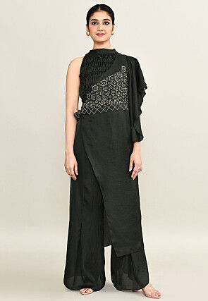 Embroidered Viscose Silk Jump Suit in Dark Olive Green
