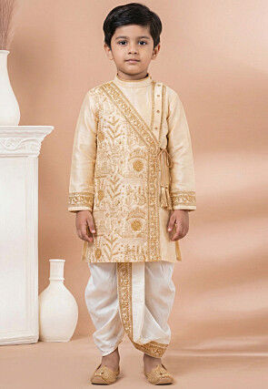 Embroidered Viscose Silk Kurta Dhoti Set in Beige
