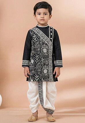 Embroidered Viscose Silk Kurta Dhoti Set in Black