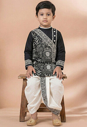 Embroidered Viscose Silk Kurta Dhoti Set in Black