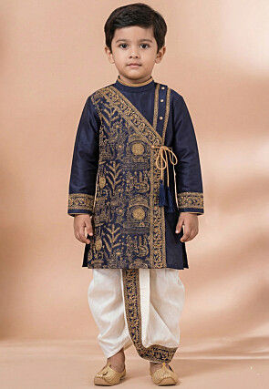 Embroidered Viscose Silk Kurta Dhoti Set in Navy Blue