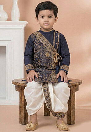Embroidered Viscose Silk Kurta Dhoti Set in Navy Blue