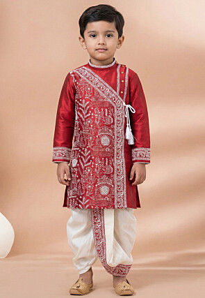 Embroidered Viscose Silk Kurta Dhoti Set in Red