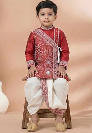 Embroidered Viscose Silk Kurta Dhoti Set in Red