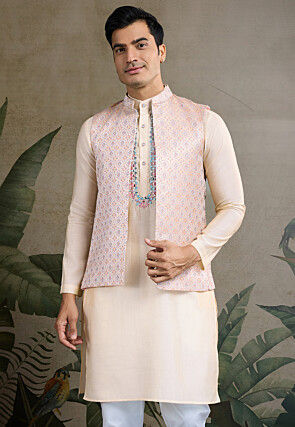 Embroidered Viscose Silk Kurta in Beige
