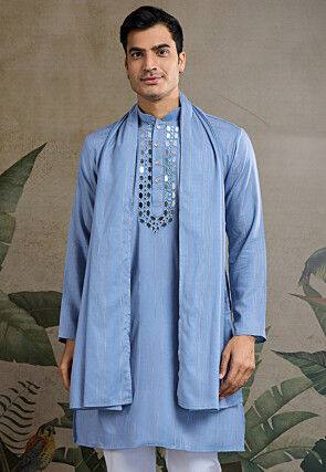 Embroidered Viscose Silk Kurta in Blue