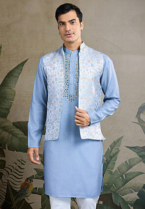 Embroidered Viscose Silk Kurta in Blue
