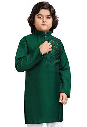 Embroidered Viscose Silk Kurta in Dark Green