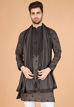 Embroidered Viscose Silk Kurta in Grey