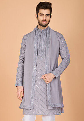Embroidered Viscose Silk Kurta in Grey