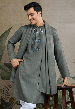 Embroidered Viscose Silk Jacquard Kurta in Grey