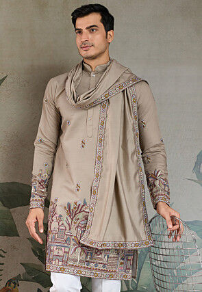 Embroidered Viscose Silk Kurta in Grey