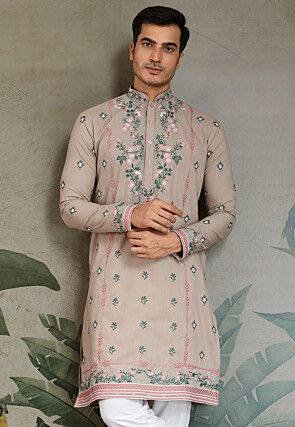 Embroidered Viscose Silk Kurta in Light Beige