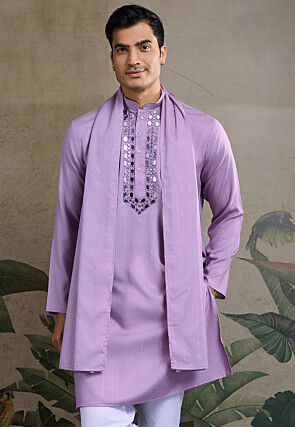 Embroidered Viscose Silk Kurta in Light Purple