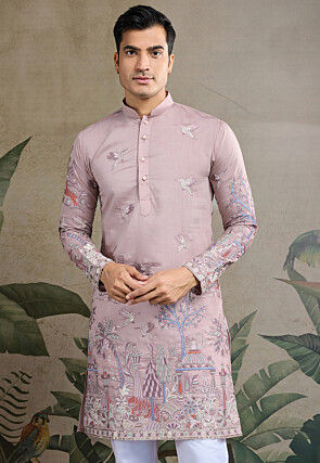 Embroidered Viscose Silk Kurta in Light Purple