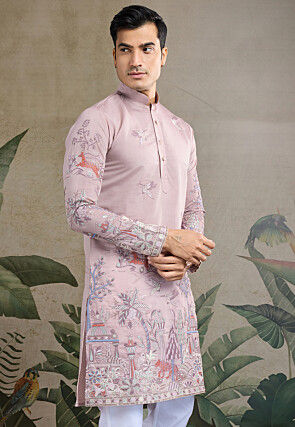 Embroidered Viscose Silk Kurta in Light Purple