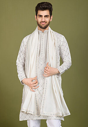 Embroidered Viscose Silk Kurta in Off White