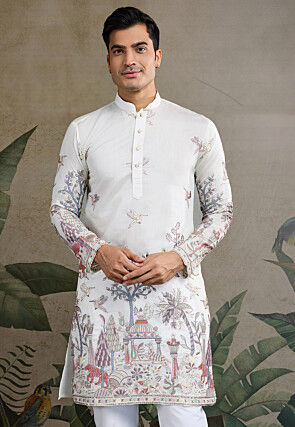 Embroidered Viscose Silk Kurta in Off White
