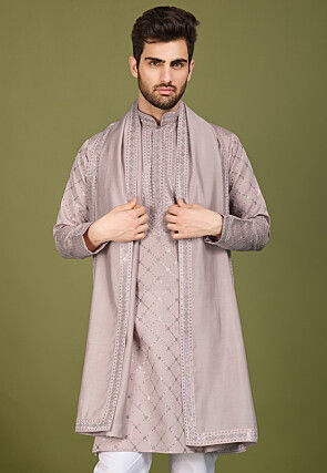 Embroidered Viscose Silk Kurta in Old Rose
