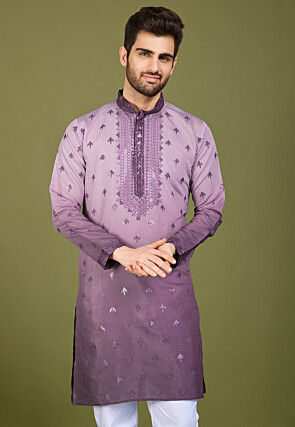 Embroidered Viscose Silk Kurta in Purple Ombre