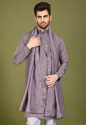 Embroidered Viscose Silk Kurta in Purple