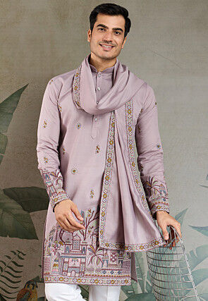 Embroidered Viscose Silk Kurta in Purple