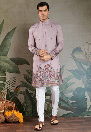 Embroidered Viscose Silk Kurta in Purple