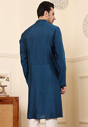 Embroidered Viscose Silk Kurta in Teal Blue