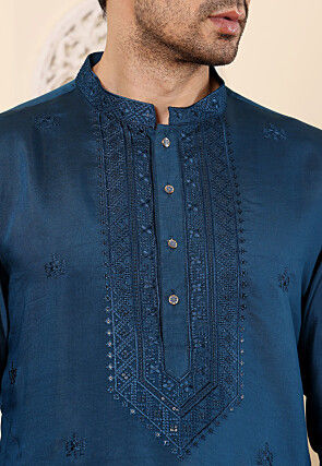 Embroidered Viscose Silk Kurta in Teal Blue