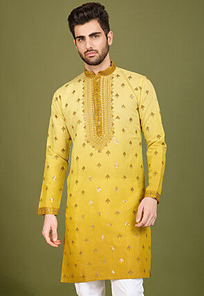 Embroidered Viscose Silk Kurta in Yellow Ombre