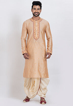 Embroidered Viscose Silk Kurta Set in Beige