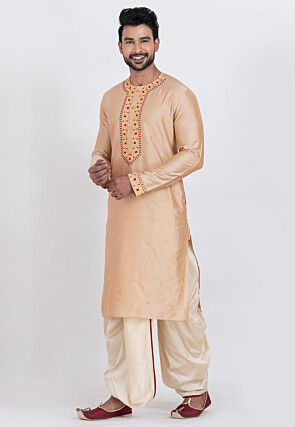 Embroidered Viscose Silk Kurta Set in Beige