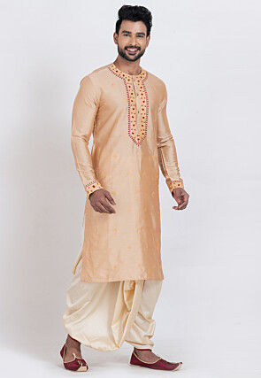 Embroidered Viscose Silk Kurta Set in Beige