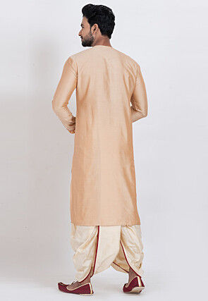 Embroidered Viscose Silk Kurta Set in Beige