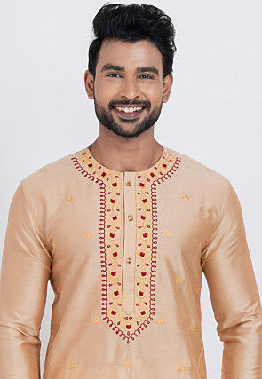Embroidered Viscose Silk Kurta Set in Beige