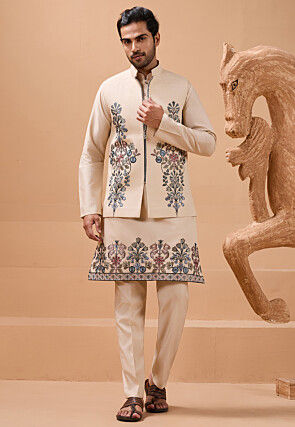Embroidered Viscose Silk Kurta Set in Beige