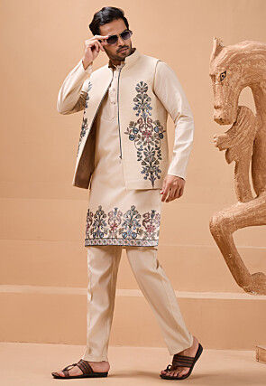 Embroidered Viscose Silk Kurta Set in Beige