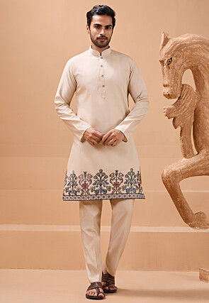 Embroidered Viscose Silk Kurta Set in Beige