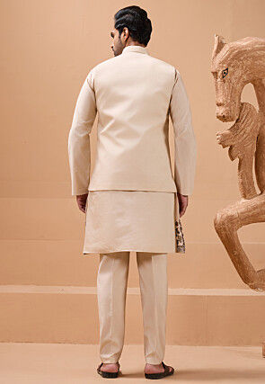 Embroidered Viscose Silk Kurta Set in Beige