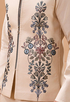 Embroidered Viscose Silk Kurta Set in Beige