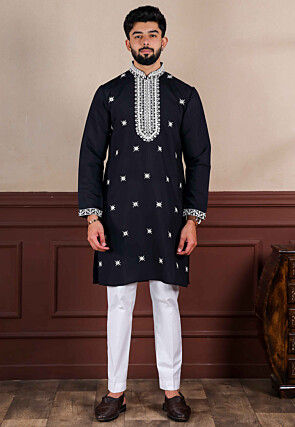Embroidered Viscose Silk Kurta Set in Black