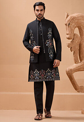 Embroidered Viscose Silk Kurta Set in Black