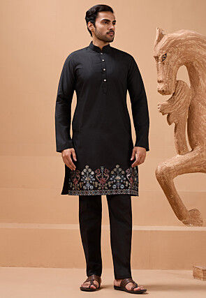 Embroidered Viscose Silk Kurta Set in Black