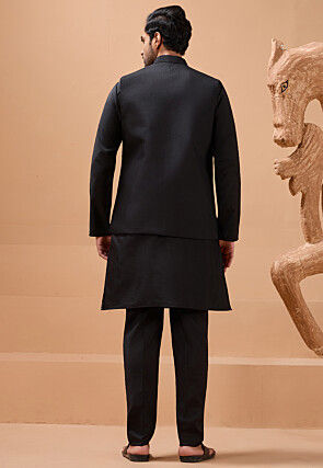 Embroidered Viscose Silk Kurta Set in Black
