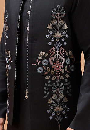 Embroidered Viscose Silk Kurta Set in Black