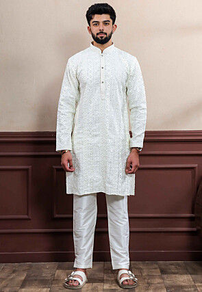 Embroidered Viscose Silk Kurta Set in Cream