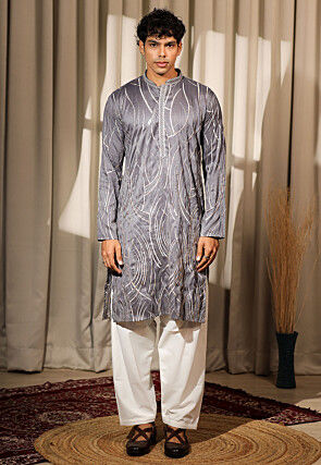 Embroidered Viscose Silk Kurta Set in Grey
